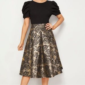 EMERY ROSE Solid Puff Sleeve Bodice Jacquard Flared Dress